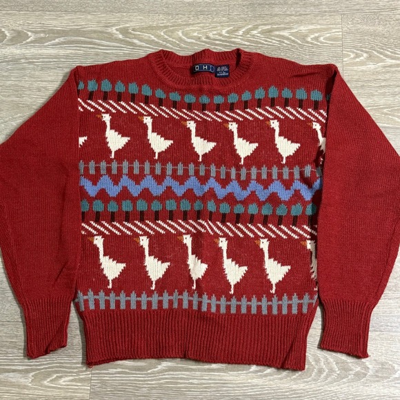 Vintage Ducks Acrylic Knit Sweater Burgundy Medium Nature Geometric Pattern - Picture 1 of 5